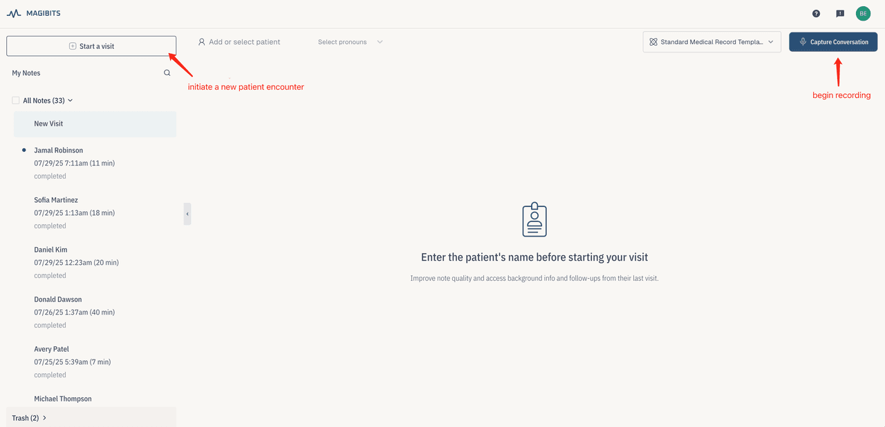 Start a visit interface
